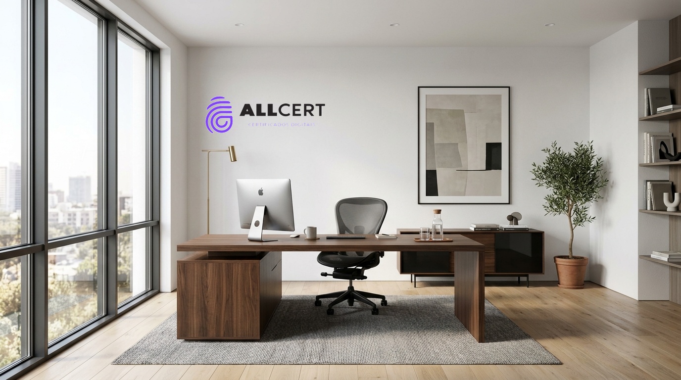 Escritório moderno da AllCert com paredes brancas e a logo oficial na parede